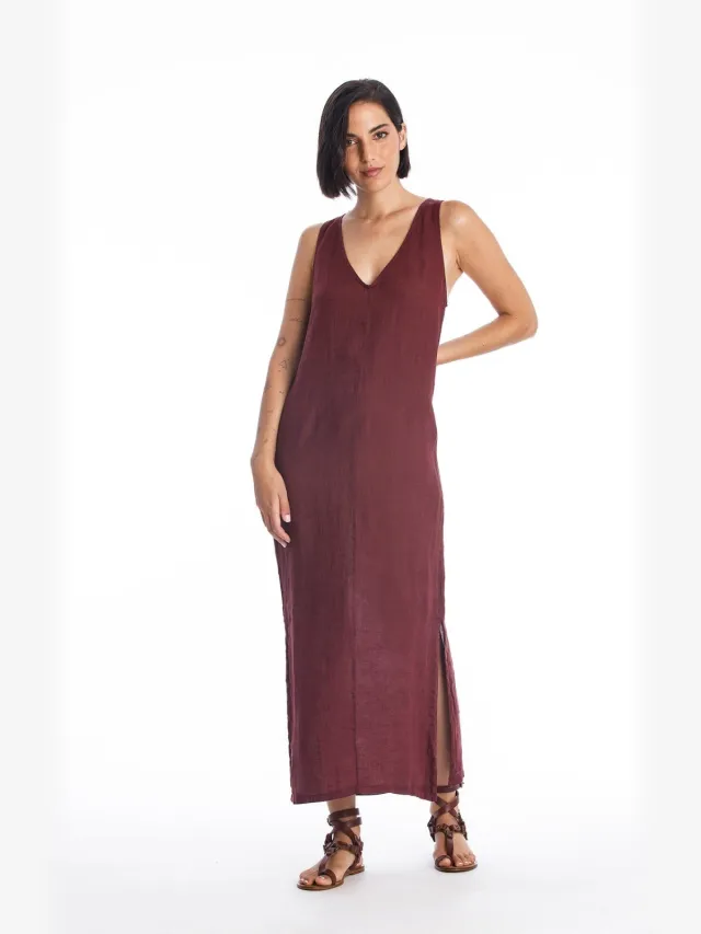 RAVENS VIEW IBIZA dames vegan Midi Jurk Winona Donker Granaatrood Donkerrood