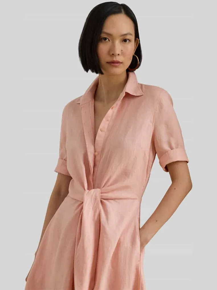 Lauren Ralph Lauren Knie-lange linnen jurk met strikceintuur model 'WAKANA' roze, foto 4
