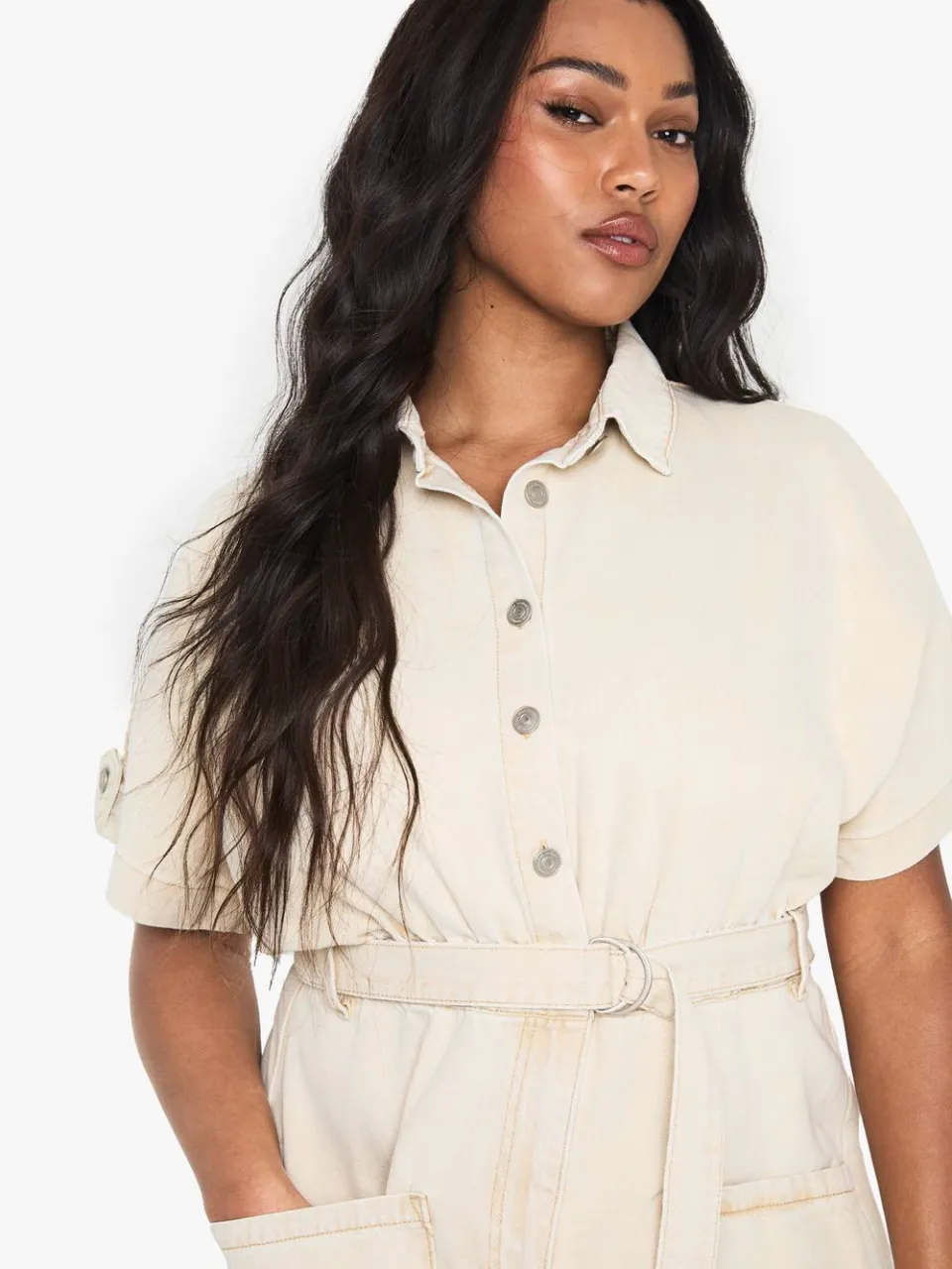 boohoo Dames Plus Denim Utility Belt Shift Jurk, foto 3
