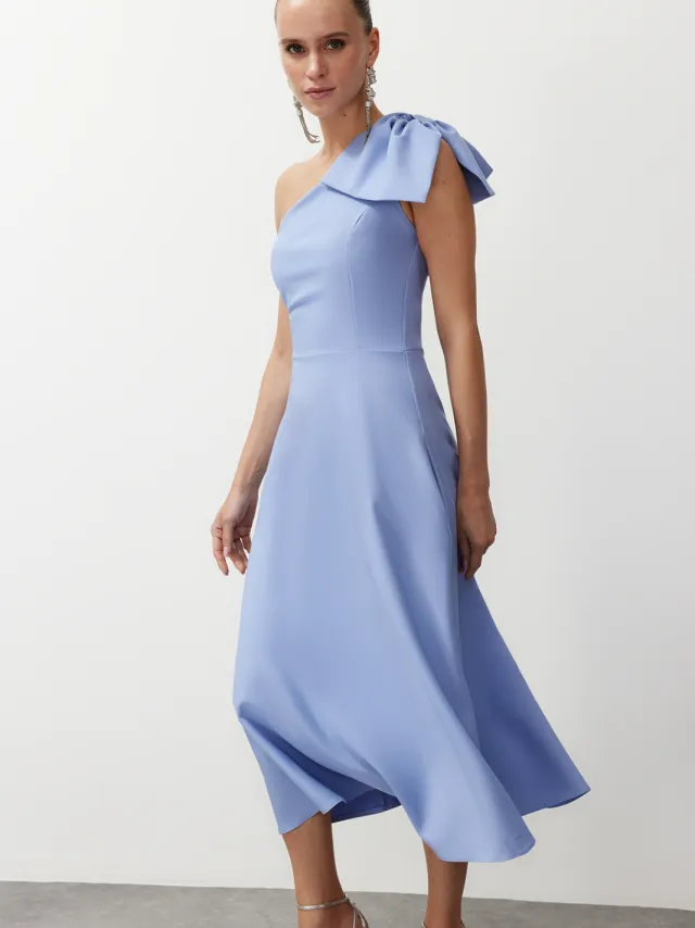 Trendyol TRENDYOLMİLLA Dames Blauw Effen Midi Mouwloos Stijlvol/Avond Skater Jurken