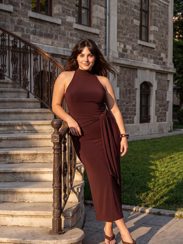 Trendyol Curve Dames Bruin Effen Maxi Mouwloos Casual Bodycon Grote maten Jurk, foto 2