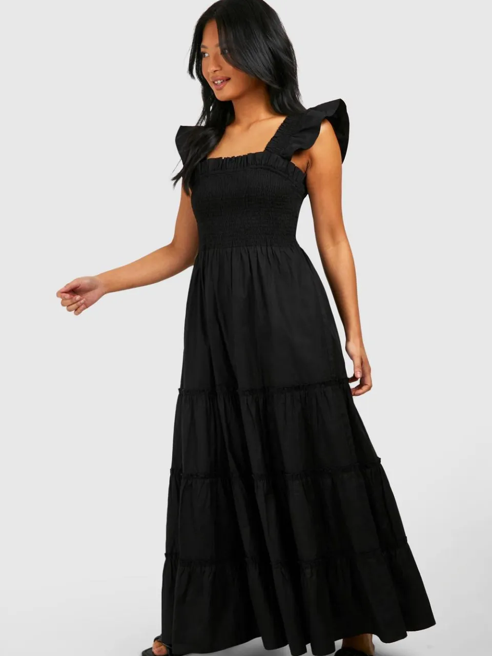boohoo Dames Kleine Shirred Poplin Midaxi Jurk zwart, foto 2