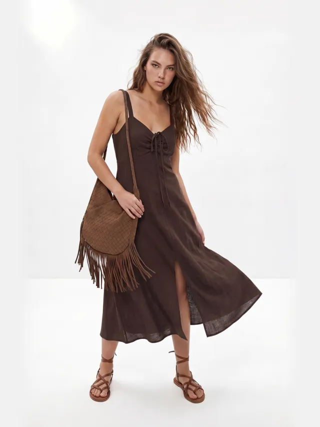 Trendyol TRENDYOLMİLLA Dames Bruin Bloemen Maxi Mouwloos A-lijn Jurken