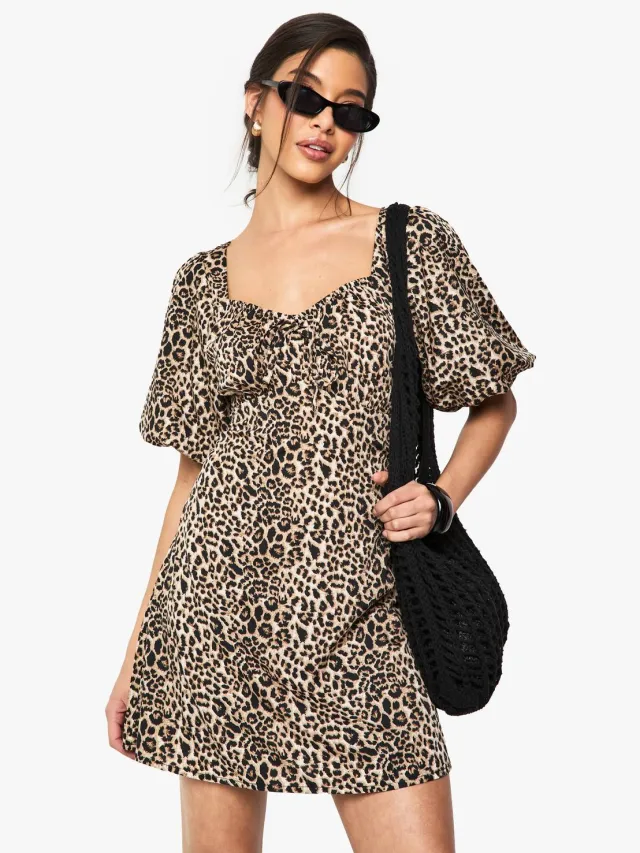 boohoo Dames Leopard Puff Mouw Mini Jurk Bruin