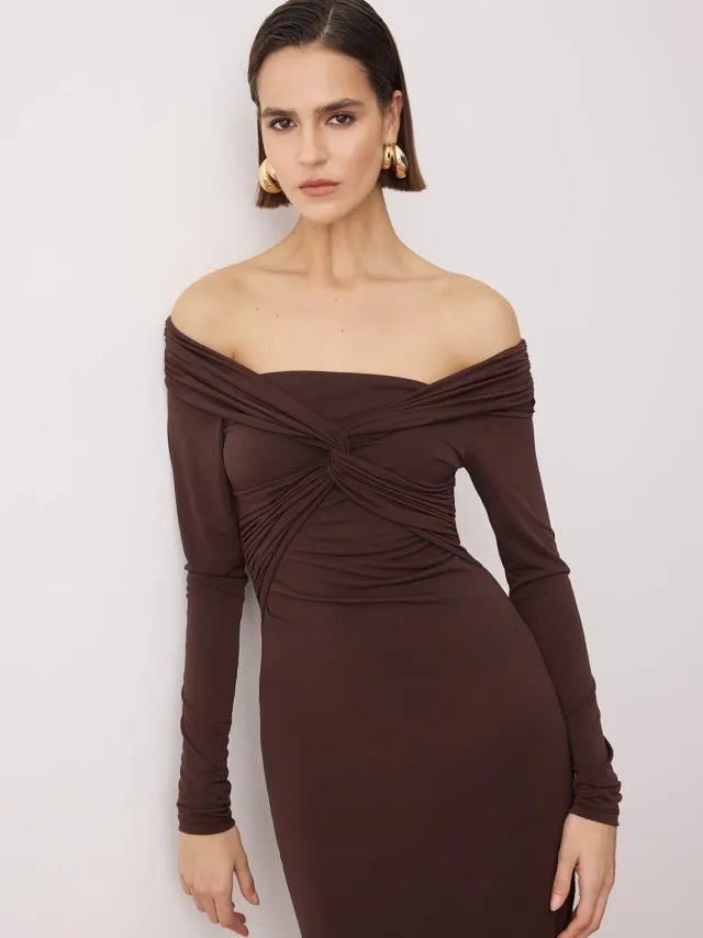 Trendyol TRENDYOLMİLLA Dames Bruin Effen Kort / Mini Lang Stijlvol/Avond Zeemeermin Jurken, foto 2