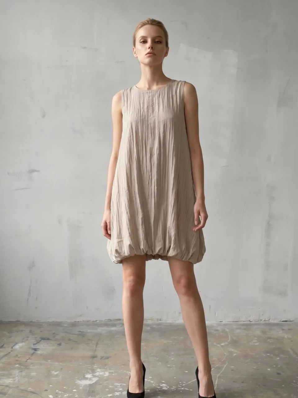 MyFashion Losse Mini-jurk in Textured Lyocell Steen