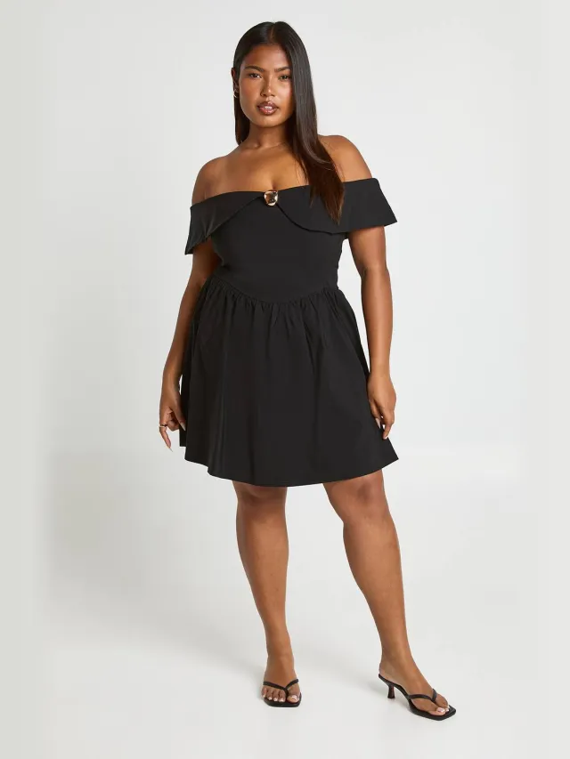 boohoo Dames Plus Gouden Rand Bardot Skater Zwart