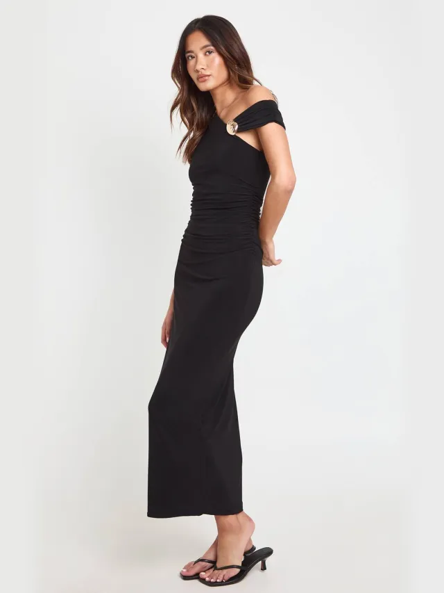 boohoo Dames Dubbele Laag Slinky Maxi Jurk Met Gouden Detail En Éen Schouder Met Plooien Zwart