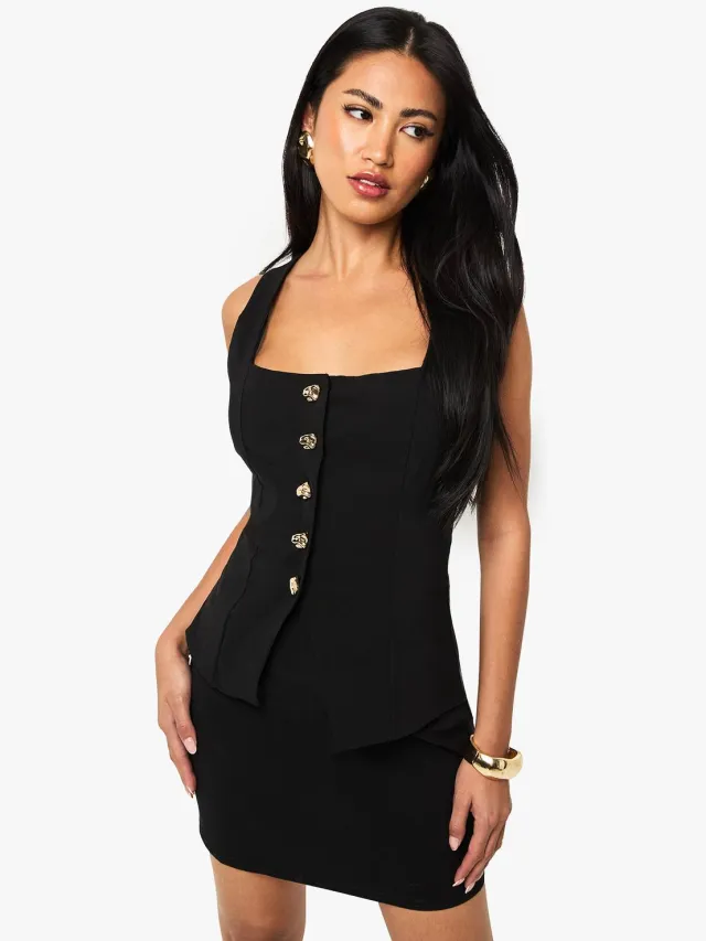 boohoo Dames Mini-jurk Met Gouden Knopen In Giletmodel Zwart
