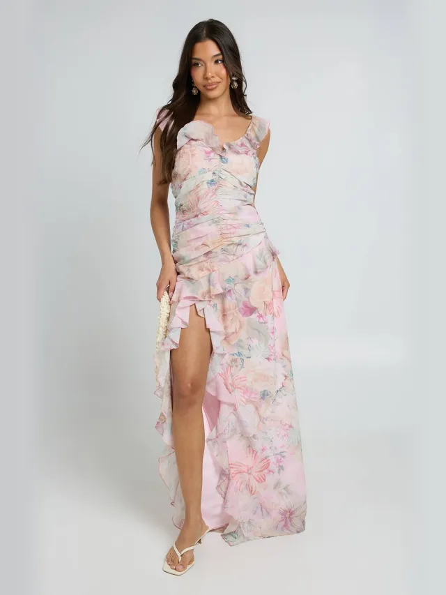 boohoo Dames Chiffon Bloemenprint Gerimpelde Taille Ruche Detail Maxi Jurk Perzik