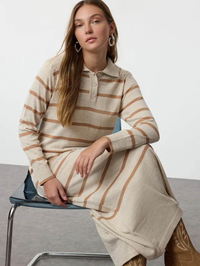Trendyol Modest Dames Beige Gestreept Maxi Lang Casual Recht Modest Jurken Gebroken wit