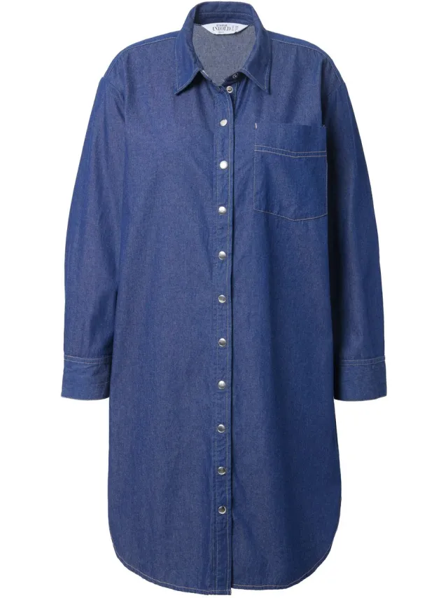Studio Untold Dames - Overhemdjurk oversized denimlook drukknoopsluiting - Blauw denim - Maat 42+