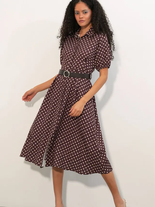 Big Dart Gestipte Midi Hemdress met Ceintuur Bordeauxrood