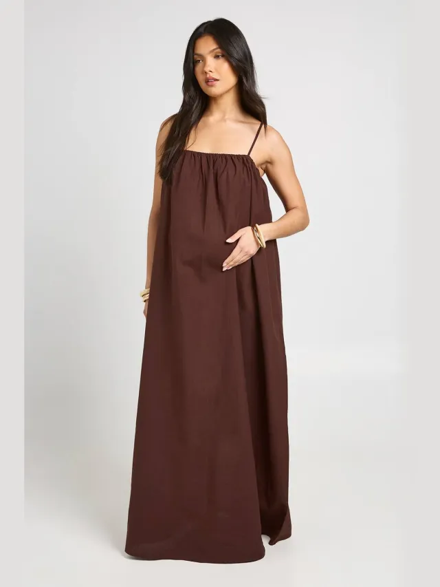 boohoo Dames Zwangerschaps Maxi Jurk Met Volume En Zakken Chocoladebruin