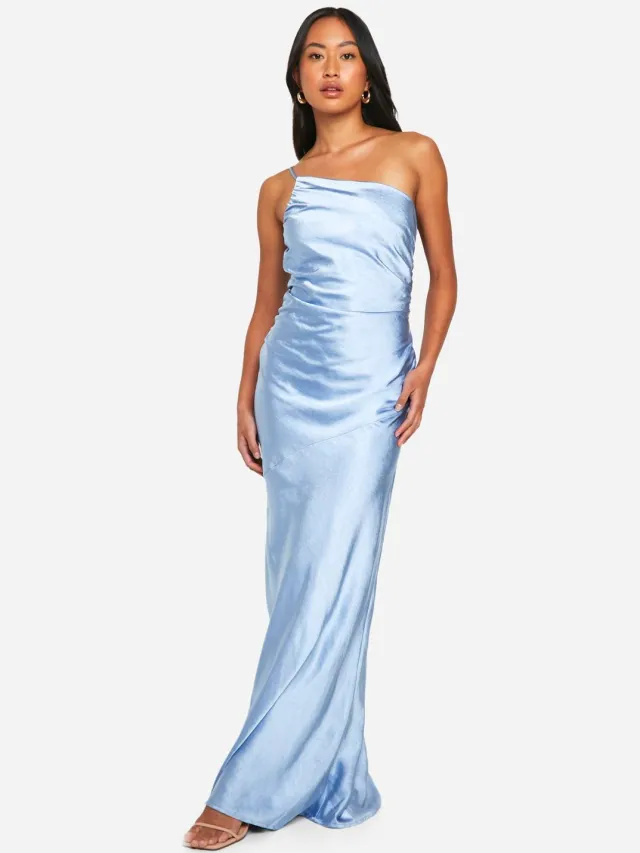 boohoo Dames Bruidsmeisje Satijn Asymmetrische Maxi Jurk Blauw
