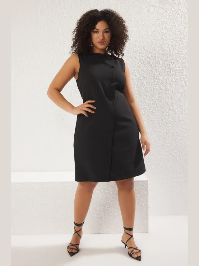 Trendyol Curve Dames Zwart Effen Kort / Mini Mouwloos Casual Recht Grote maten Jurk