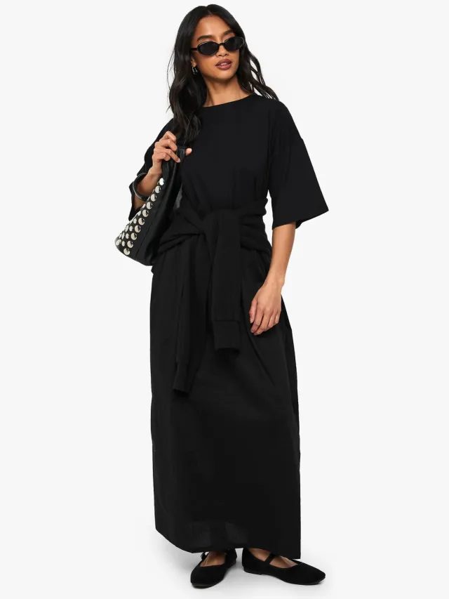 boohoo Dames Petite Jersey Katoenmix Smockjurk Zwart