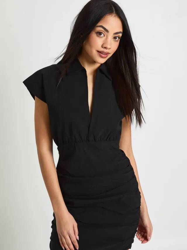 boohoo Dames Bengaline V-hals Gerimpelde Mini Jurk Zwart