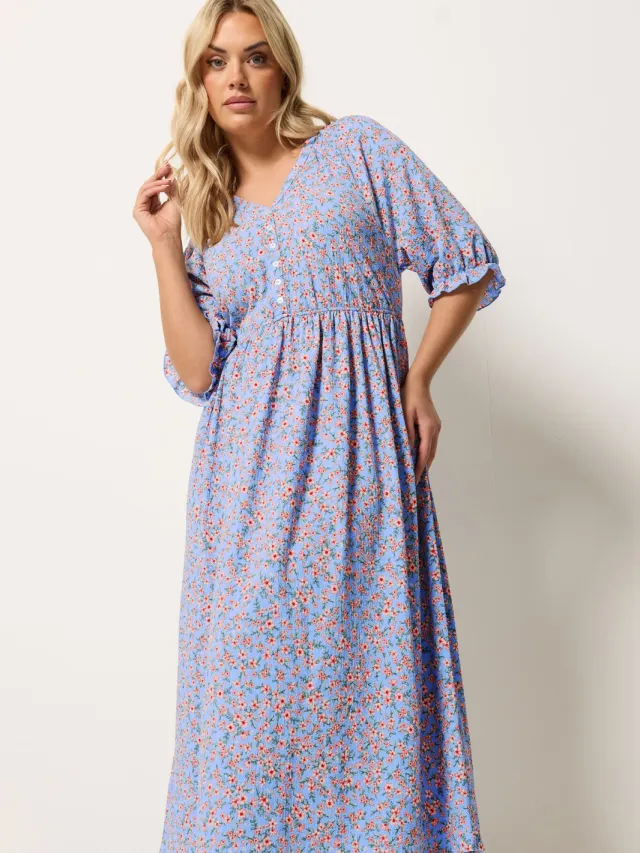 Yours Blauwe Jurk Met Fijne Bloemenprint En Raglanmouwen Blue