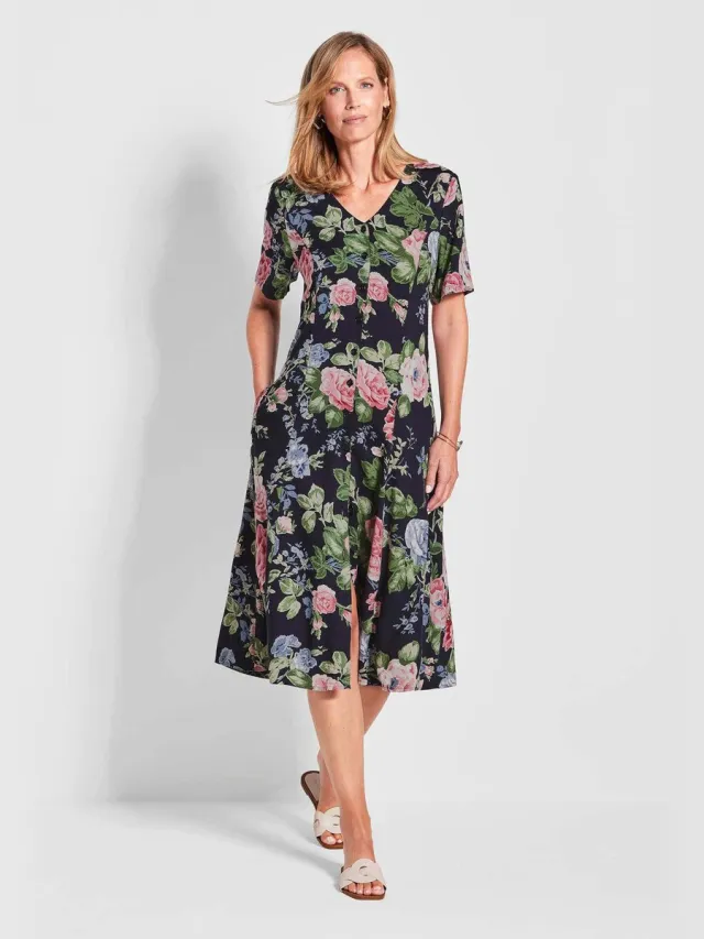 GOLDNER Zomerjurk Viscose jurk met bloemenpatroon marine / gedess.