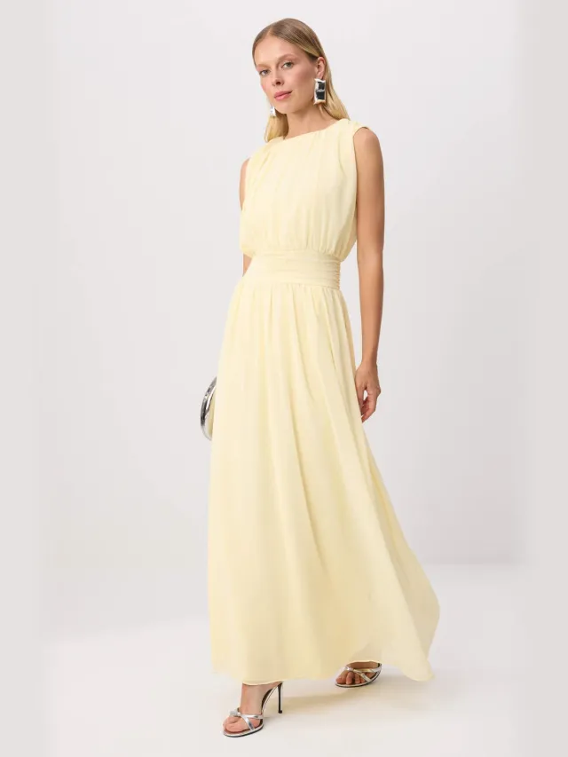 Trendyol TRENDYOLMİLLA Dames Geel Effen Maxi Mouwloos A-lijn Avond & Gala Jurk
