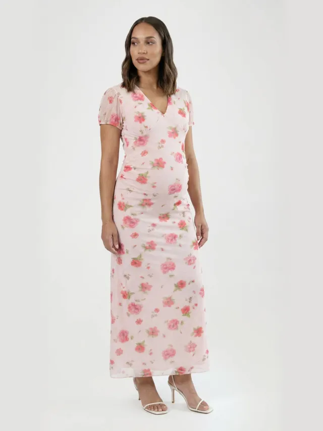 boohoo Dames Zwangerschaps Mesh Ditsy Midaxi Jurk Baby Roze