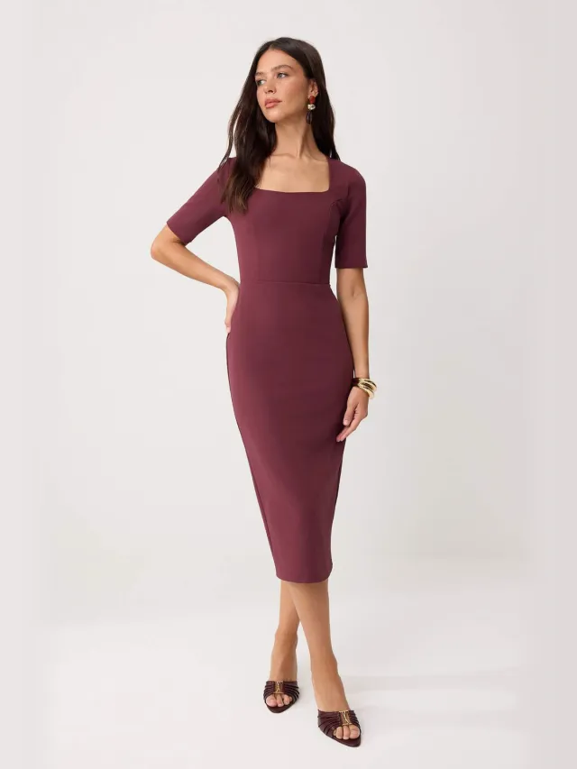 Trendyol TRENDYOLMİLLA Dames Paars Effen Midi Kort Bodycon Jurken Rood