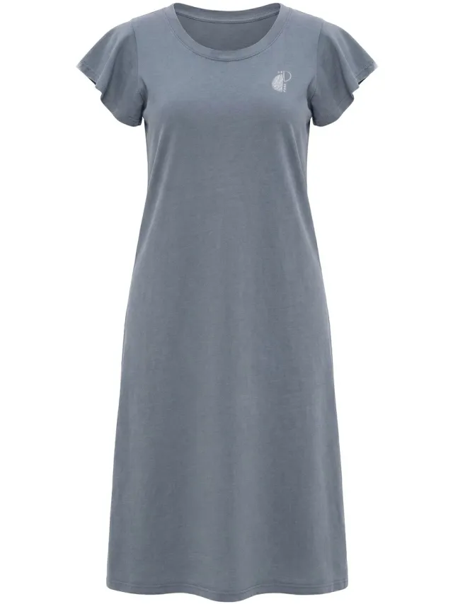 Ulla Popken Dames - Maxi-jurk borduursel A-lijn ronde hals volantmouwen - Grijs - Maat 42+