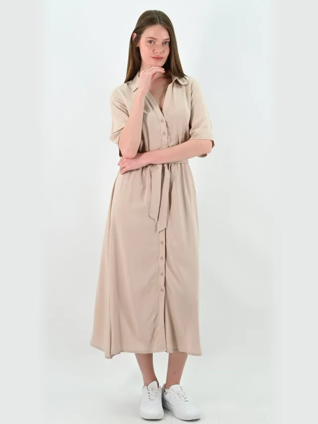 YESMOOI Beige Blousejurk met Strikceintuur - L (40)