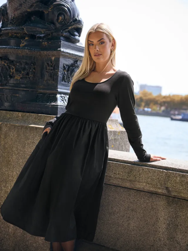 Yours Zwarte Gemengde Rib Midaxi Jurk Black