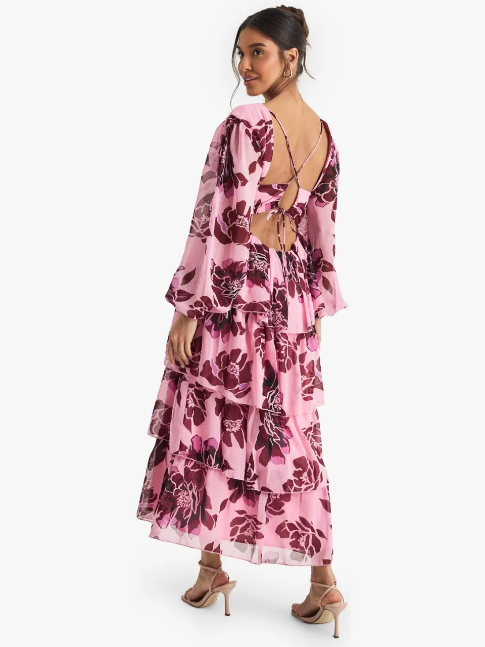 boohoo Dames Bloemen Chiffon Diepe V-hals Ruffle Midaxi Jurk schemerig roze, foto 2