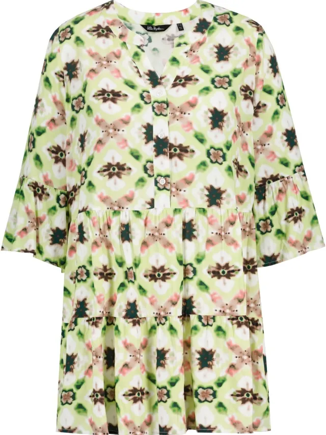 Ulla Popken Dames - midi jurk volants A-lijn tuniekhals 3/4-mouwen - Limoengroen - Maat 42+