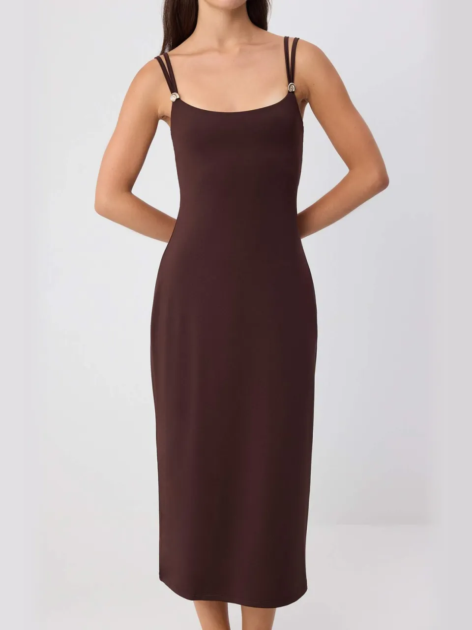 Trendyol TRENDYOLMİLLA Dames Bruin Effen Maxi Mouwloos Bodycon Jurken