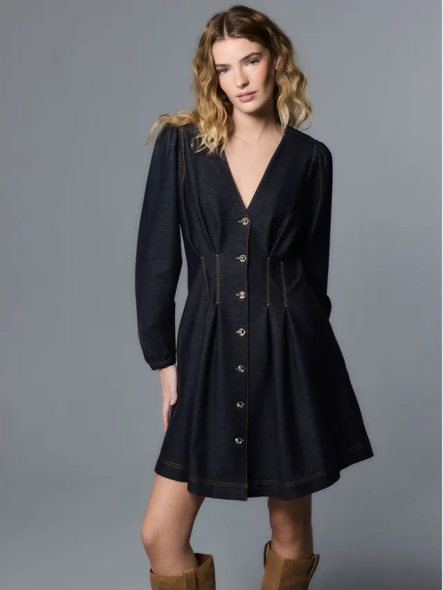 Next Dames - Denim mini-jurk met aangerimpelde taille - Blauw Indigo Blue