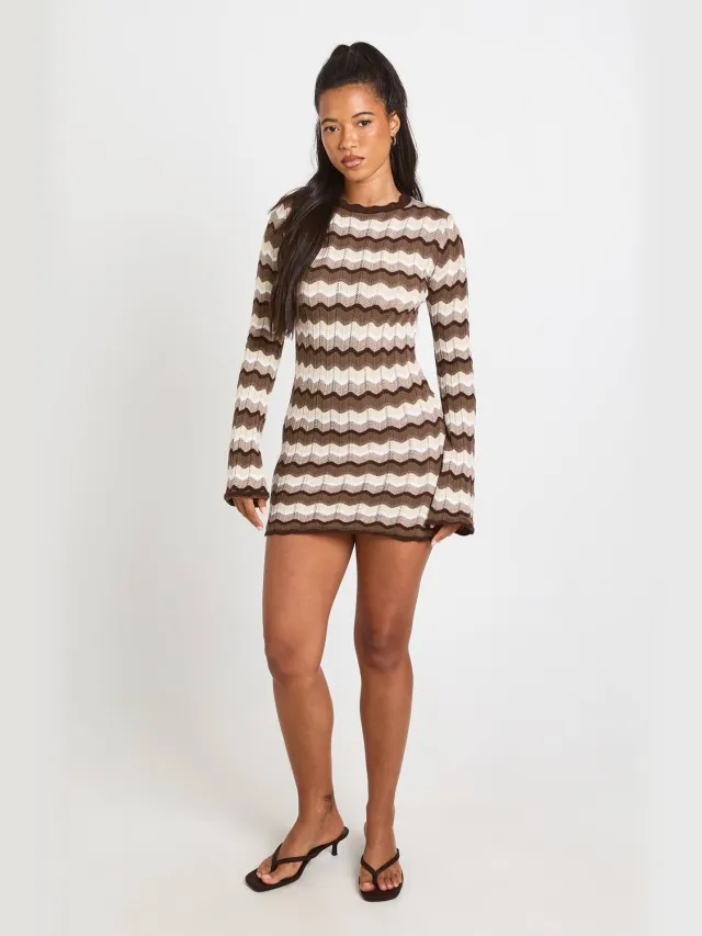 boohoo Dames Gebreide Gestreepte Mini-jurk Met Lange Mouwen Neutral
