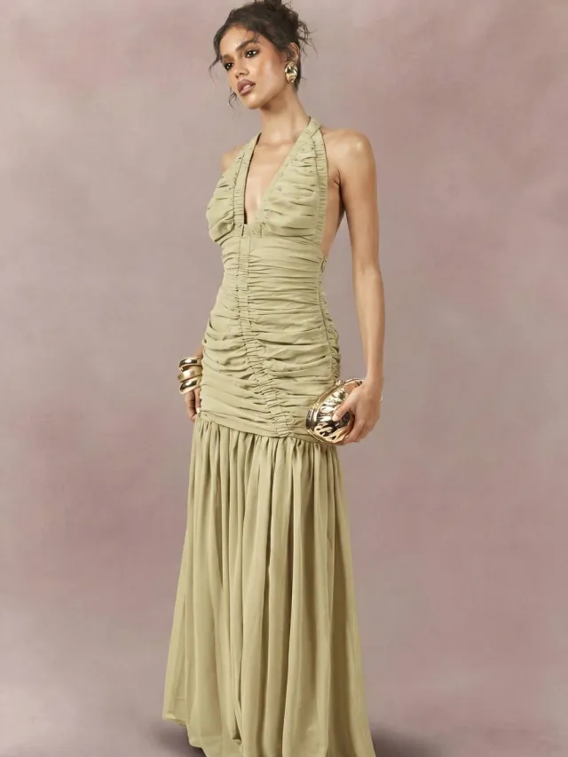 boohoo Dames Chiffon Extreme Geplooid Maxi-jurk Met Diepe Halslijn olijf, foto 2