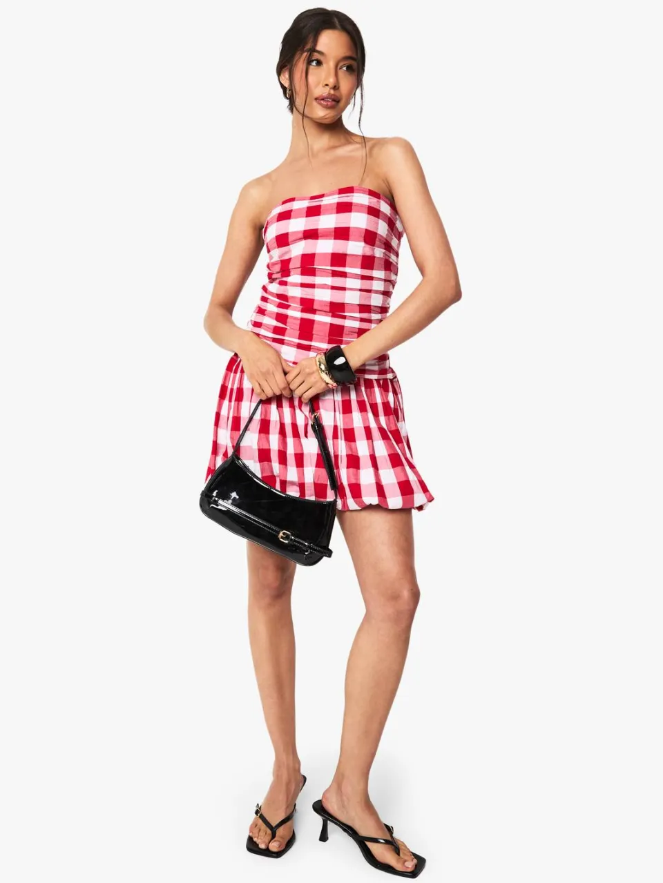 boohoo Dames Gingham Puffball Bandeau Mini Jurk Rood