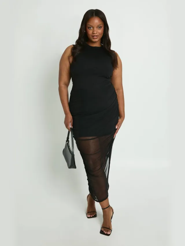 boohoo Dames Plus Mesh Gelaagde Midi Jurk Zwart