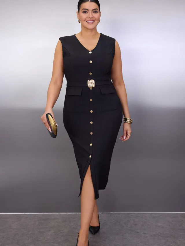 Trendyol Curve Dames Zwart Effen Maxi Mouwloos Avond / Dagelijks Bodycon Grote maten Jurk