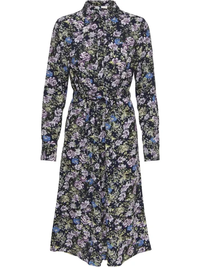 JDY JDYPIPER L/S ABOVE CALF DRESS WVN NOOS Dames Jurk - Maat Zwart met paars / blauwe bloemenprint