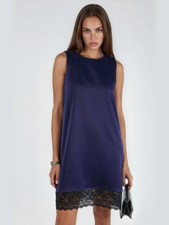 Hiccup Satin Mini-jurk met Kantdetails Marineblauw