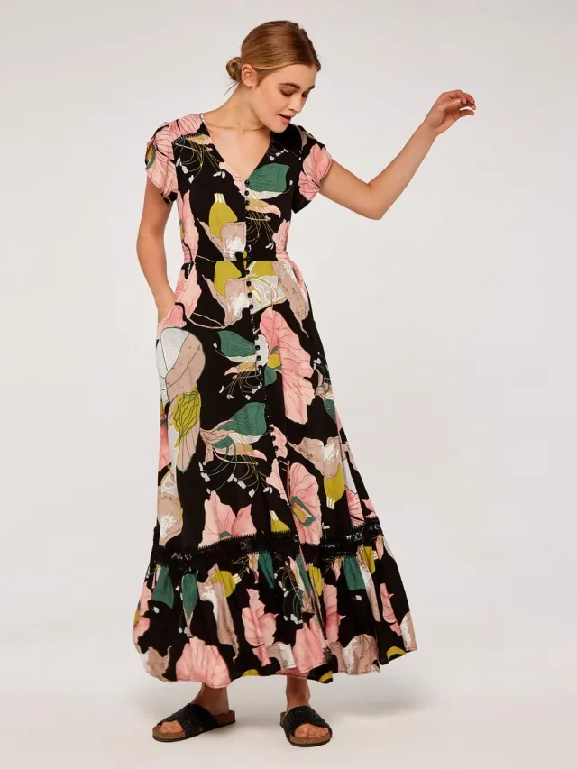 Apricot Maxi-jurk met grafische bloemenprint Zwart