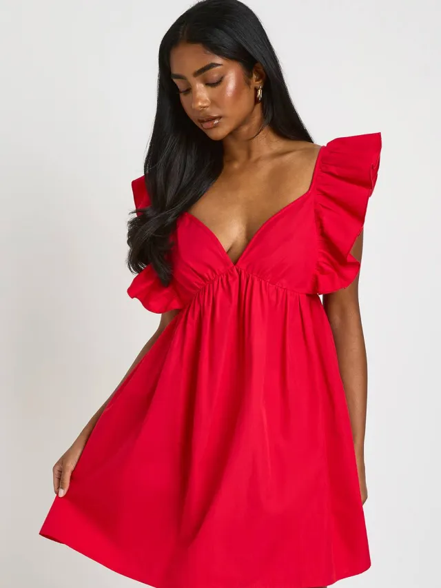 boohoo Dames Mini-jurk Met Ruches Op De Schouders En Open Rug Rood