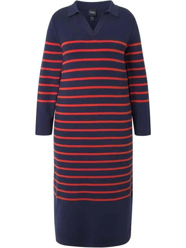 Ulla Popken Dames - Gebreide midi-jurk strepen kraag V-hals lange mouwen - Marine - Maat 54+