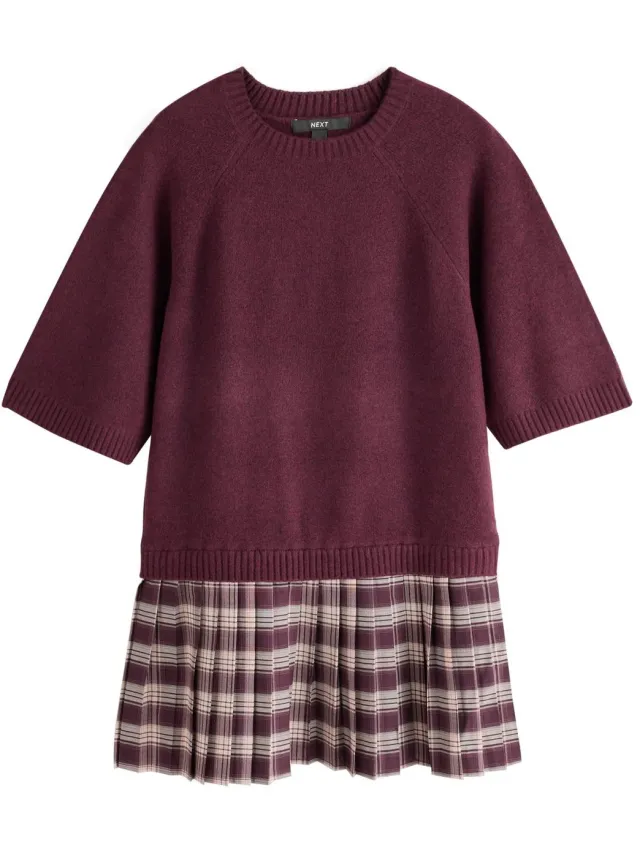 Next Dames - Gebreide 2-in-1 mini-jurk met korte mouwen - Rood Burgundy/Red