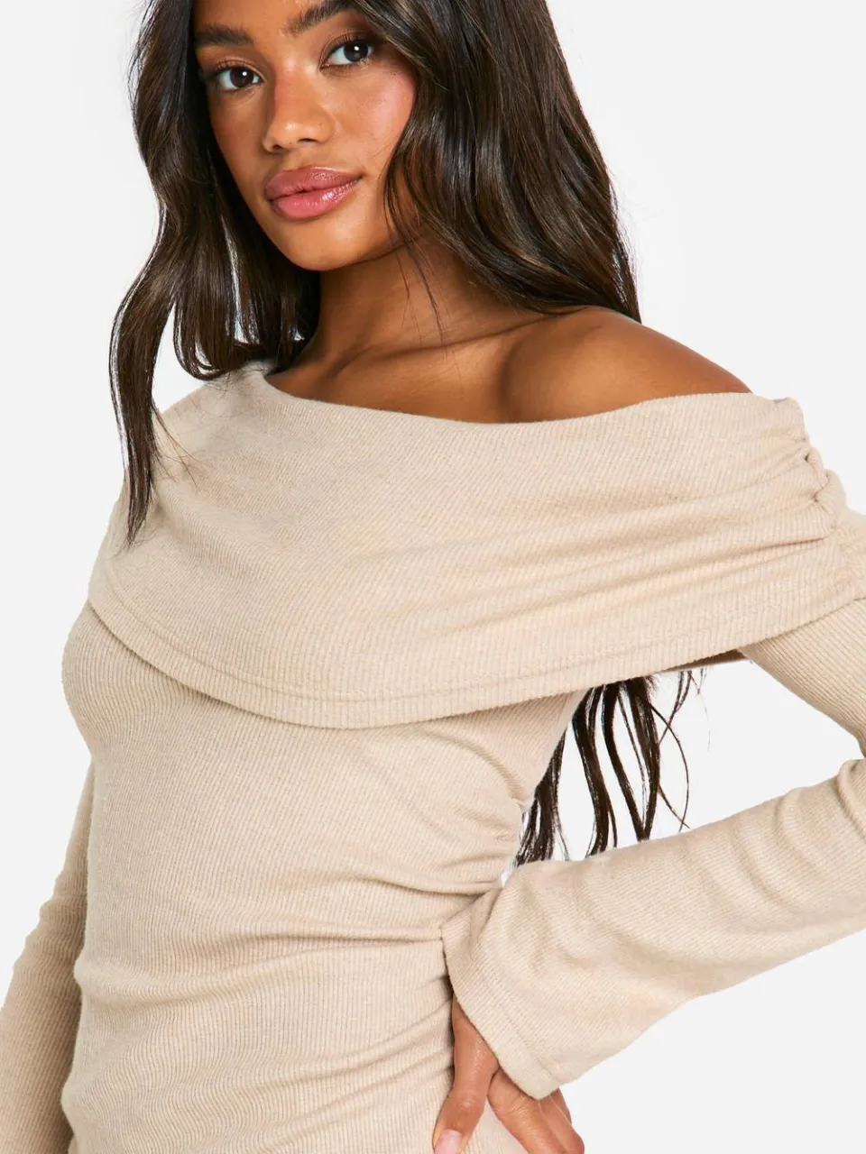 boohoo Dames Geborstelde Rib Mini Lange Mouw Jurk steen, foto 3
