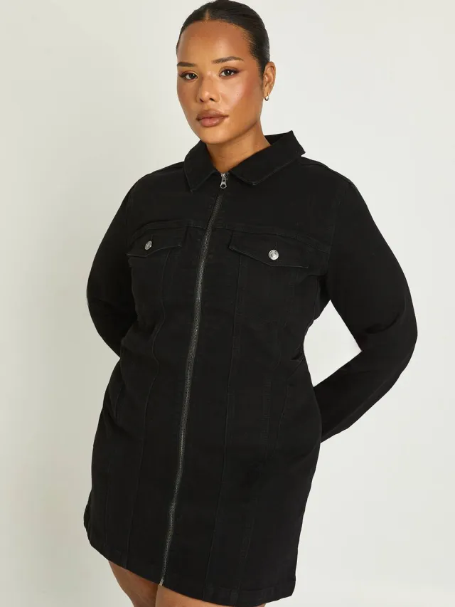 boohoo Dames Plus Denim Rits Shift Jurk Zwart