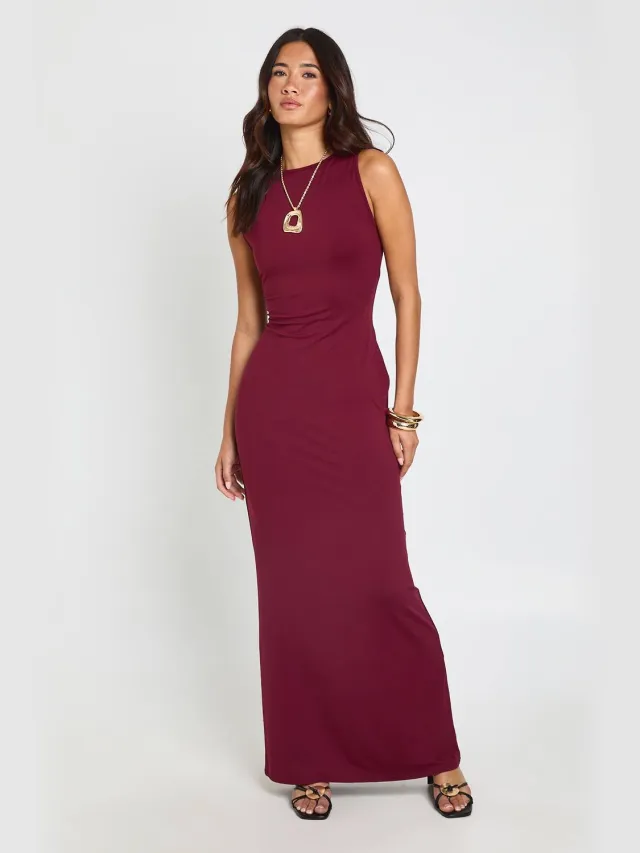 boohoo Dames Maxi Jurk Met Slash Hals Super Zacht Bordeaux Rood