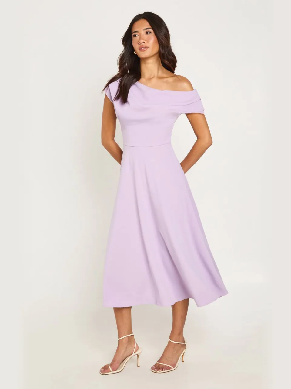 boohoo Dames Jersey Crepe Drape Schouder Midi Skater Jurk lila, foto 3
