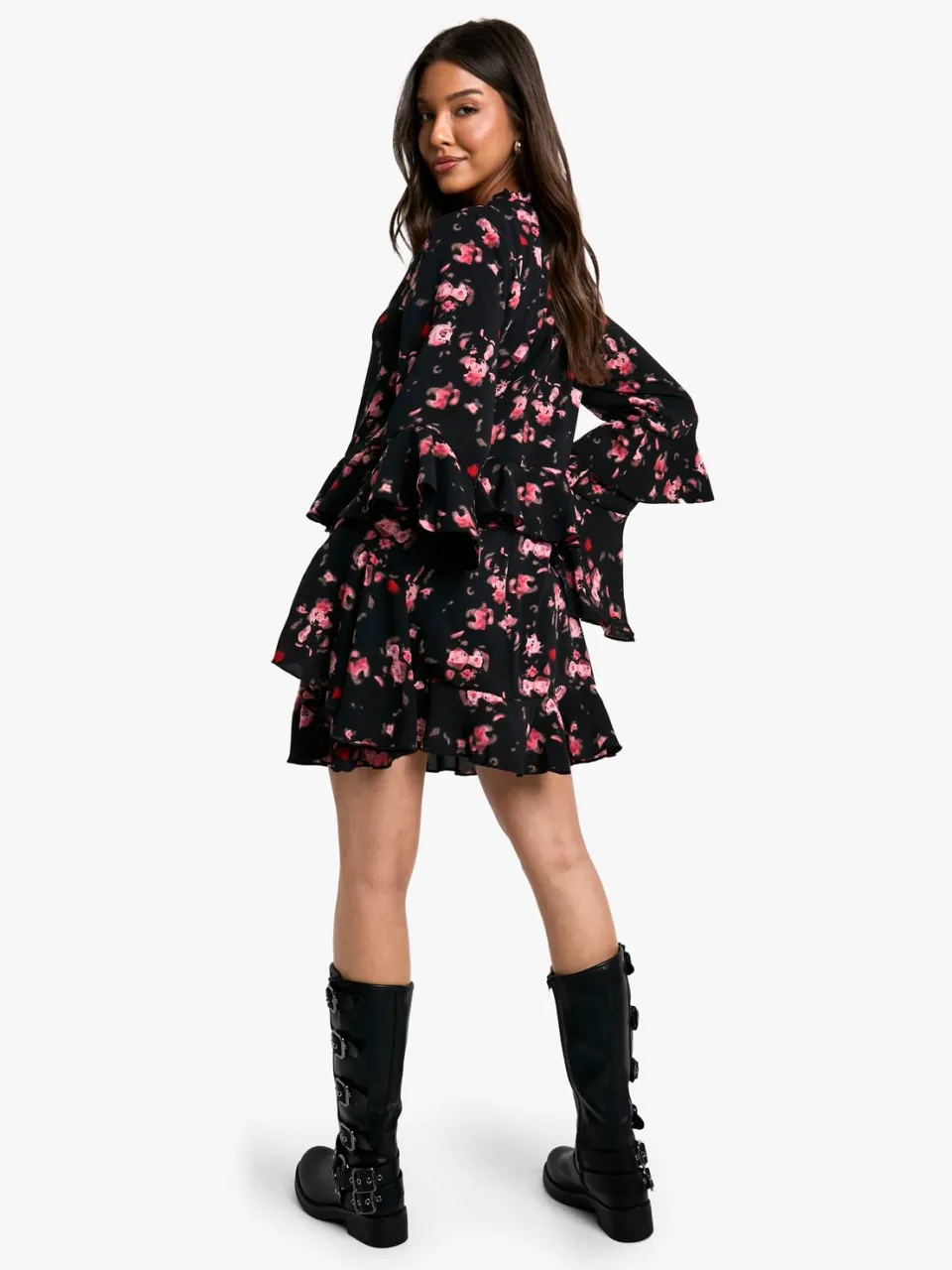boohoo Dames Bloemenprint Skaterjurk met Lange Mouwen en Sleutelgat Detail zwart, foto 2